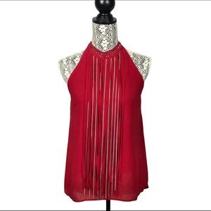 Vintage 90’s crepe halter top with fringe and studs red